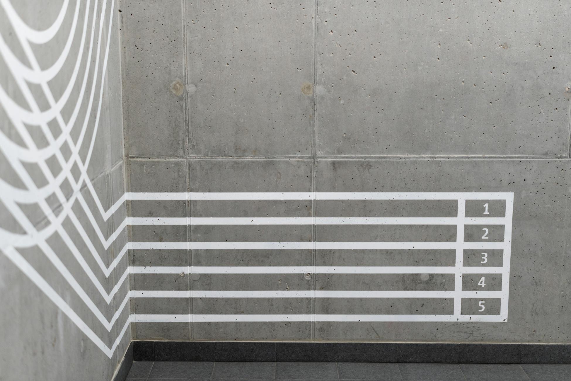 Concrete wall with abstract track lines and numbered sections, ideal for sports-themed backgrounds.