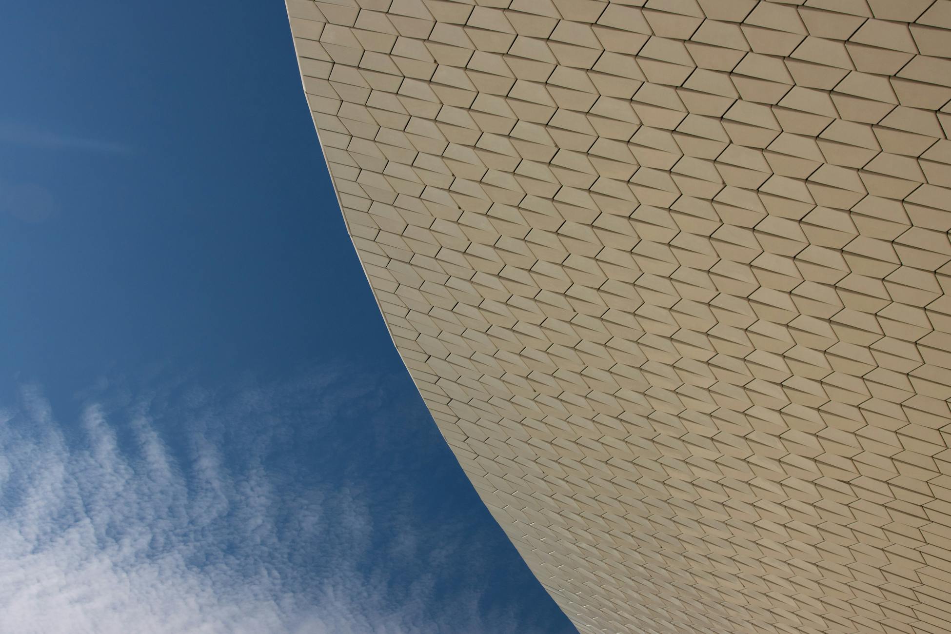 Close-up of modern architectural detail with blue sky in Lisbon, Portugal.