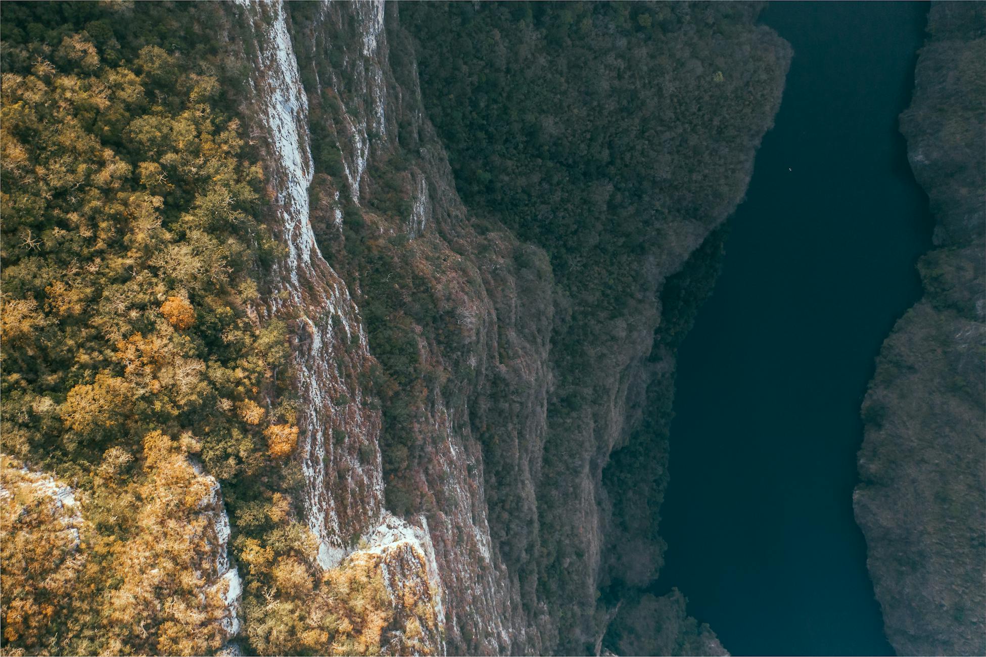 A breathtaking aerial shot showcasing the verdant cliffs and deep blue river of a canyon, perfect for travel and nature themes.