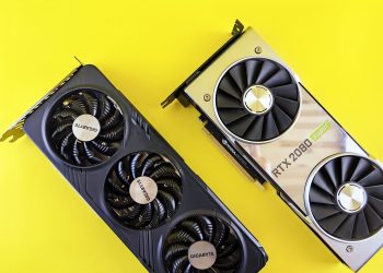 Two modern graphics cards on a bright yellow background, highlighting technology and design.