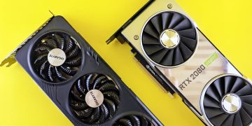 Two modern graphics cards on a bright yellow background, highlighting technology and design.
