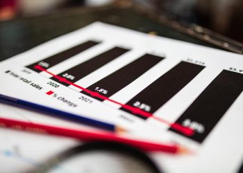 Close-up of a financial report showing sales data with dramatic depth of field.