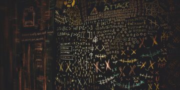 Chalkboard filled with complex cybersecurity and hacking symbols in colorful chalk.