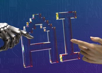 robot and human hands reaching toward ai text