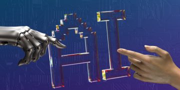 robot and human hands reaching toward ai text