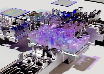 A futuristic 3D render showcasing abstract tech design with vibrant colors.