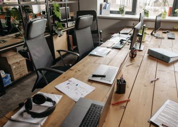 Spacious co-working office with wooden desks, laptops, and modern chairs.