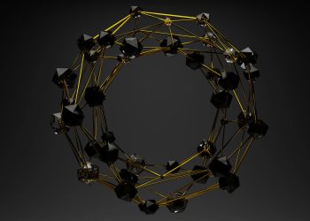3D abstract geometric structure with gold lines and black polygons on a dark background.
