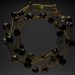 3D abstract geometric structure with gold lines and black polygons on a dark background.