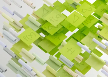 Dynamic abstract image with mathematical symbols on floating papers, vibrant and conceptual.