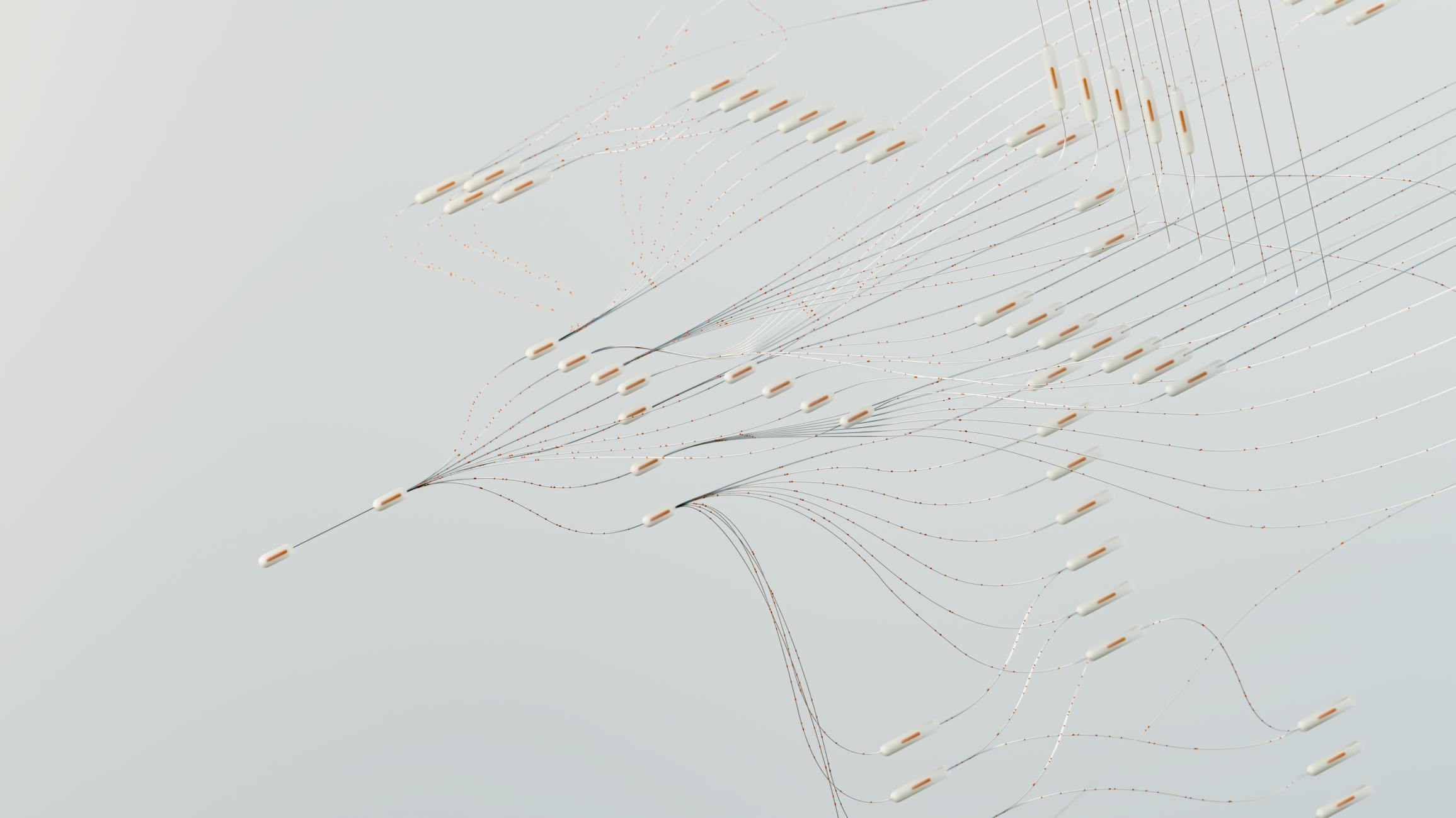 Abstract illustration depicting complex digital neural networks and data flow.