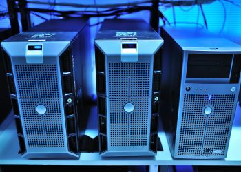 Close-up view of modern rack-mounted server units in a data center.