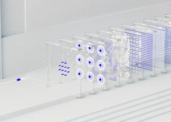 Visual abstraction of neural networks in AI technology, featuring data flow and algorithms.