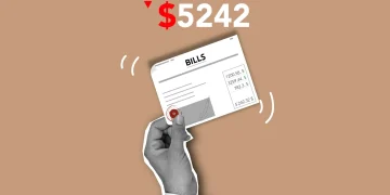 Cutout paper composition with paper document with expensive cost for paying for different services or apartment bill on brown background