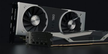 Detailed close-up image of NVIDIA RTX 2080 graphics card showcasing hardware components.