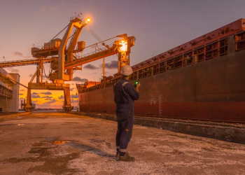 A dock worker examines a cargo ship under twilight skies at a Libyan port, highlighting industrial operations.