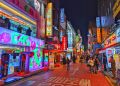 Explore the vibrant nightlife of Seoul's bustling street with colorful neon signs and lively atmosphere.