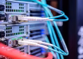 Detailed shot of Ethernet cables connected to server ports highlighting technology infrastructure.