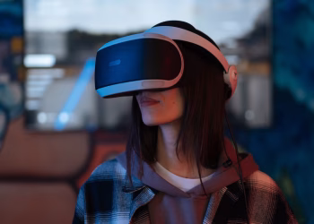 Young woman exploring virtual reality with VR headset indoors, surrounded by colorful lights.