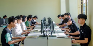 A group of students in a classroom focused on computer screens, fostering digital education.