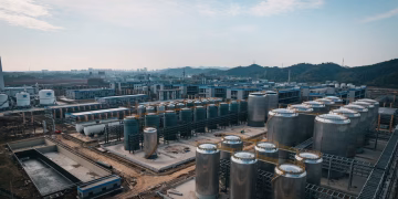 Expansive aerial view of an industrial complex with storage tanks, located in China.