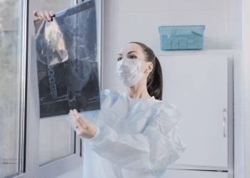 A medical professional examining an X-ray near a window in a clinical setting.