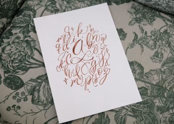 A beautiful handwritten alphabet on paper placed on a floral textile background, showcasing artistic calligraphy.