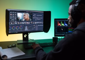 Man editing footage on dual monitors in a modern studio setting.