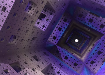 Abstract 3D fractal tunnel with intricate geometric patterns in shades of purple and blue.