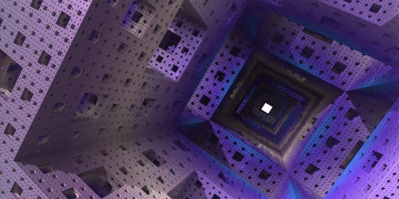 Abstract 3D fractal tunnel with intricate geometric patterns in shades of purple and blue.
