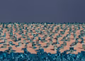 Intricate 3D abstract render of blue cubes creating a modern geometric landscape.