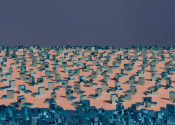 Intricate 3D abstract render of blue cubes creating a modern geometric landscape.