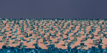 Intricate 3D abstract render of blue cubes creating a modern geometric landscape.