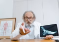 Senior doctor showing patient's X-ray on a tablet during telehealth consultation.