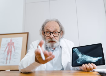 Senior doctor showing patient's X-ray on a tablet during telehealth consultation.