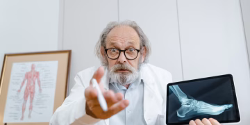 Senior doctor showing patient's X-ray on a tablet during telehealth consultation.