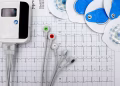Close-up of ECG device with leads and electrodes on printed heart rate graph, showcasing medical technology.