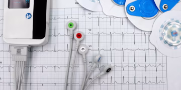 Close-up of ECG device with leads and electrodes on printed heart rate graph, showcasing medical technology.