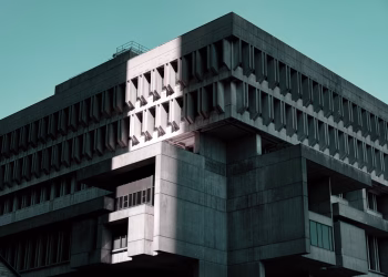 Concrete Brutalist building facade in Boston, showcasing striking geometric design.