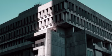 Concrete Brutalist building facade in Boston, showcasing striking geometric design.