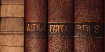 Detailed close-up of antique leather book bindings with ornate texture and golden text.