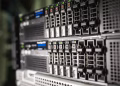 Close-up of server equipment in a modern data center highlighting technology infrastructure.