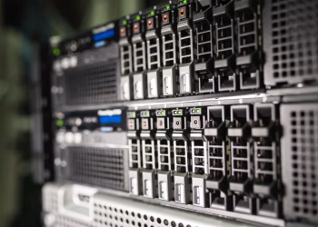 Close-up of server equipment in a modern data center highlighting technology infrastructure.