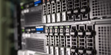 Close-up of server equipment in a modern data center highlighting technology infrastructure.