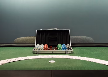 Poker table with colored chips and playing cards set for a game. Ideal for gambling themes.
