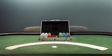 Poker table with colored chips and playing cards set for a game. Ideal for gambling themes.