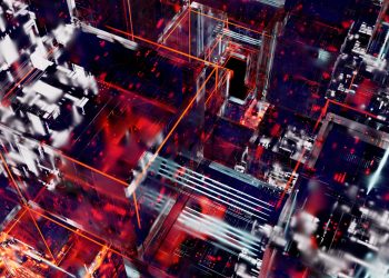 Dynamic abstract depiction of digital circuits with vivid lights and glowing lines.