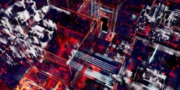 Dynamic abstract depiction of digital circuits with vivid lights and glowing lines.