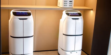 Two white robotic delivery systems located in a modern indoor room with soft lighting.