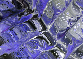 Swirling purple and black abstract fluid art design with intricate patterns and textures.